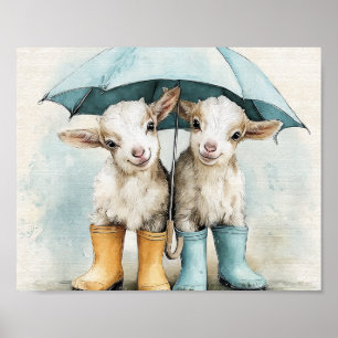 Twee Schattige Baby Goats op een regenachtige dag Poster
