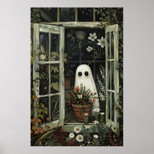Twee schattige geesten in bloemhoutenprint, romant poster