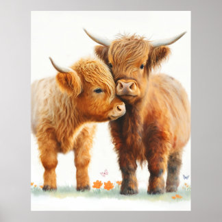 Twee schattige Highland koeien die elkaar omhelzen Poster