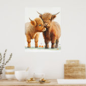 Twee schattige Highland koeien die elkaar omhelzen Poster (Keuken)
