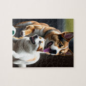 Twee schattige honden rennen en voetballen legpuzzel (Horizontaal)