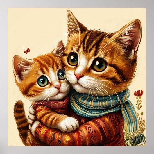 Twee Schattige Katten Knuffelen Poster (Voorkant)