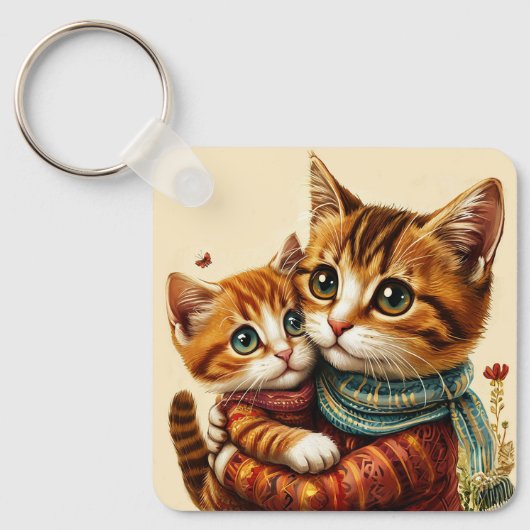 Twee Schattige katten knuffelen Sleutelhanger (Voorkant)