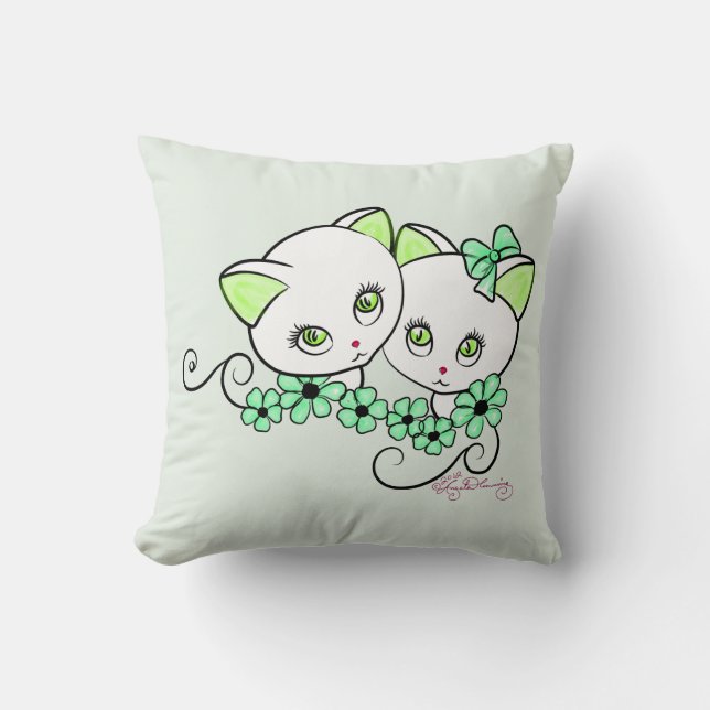 Twee schattige Kittens met Daisies Green Kussen (Voorkant)