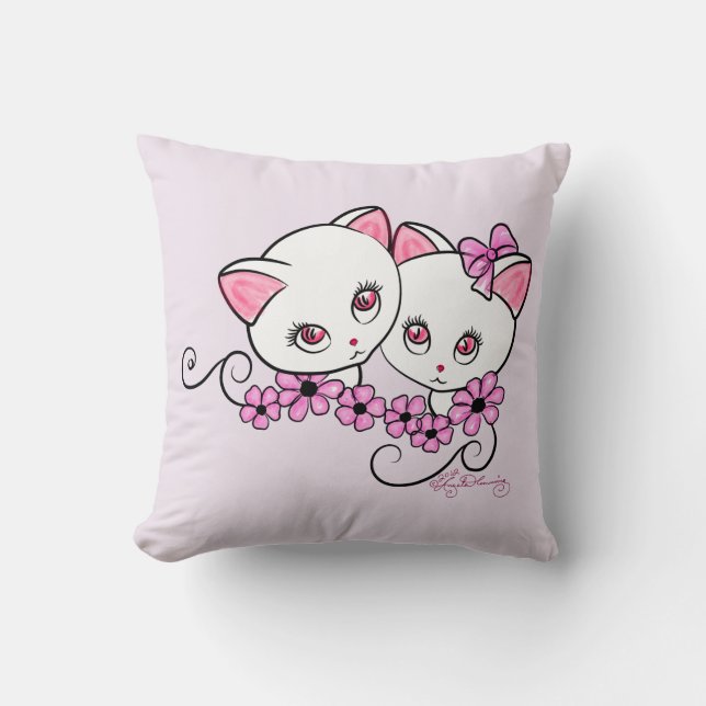 Twee schattige Kittens met Daisies Pink Kussen (Voorkant)