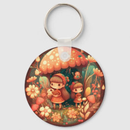 Twee schattige kleine elven onder paddenstoelen sleutelhanger