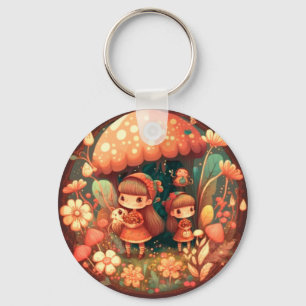 Twee schattige kleine elven onder paddenstoelen sleutelhanger