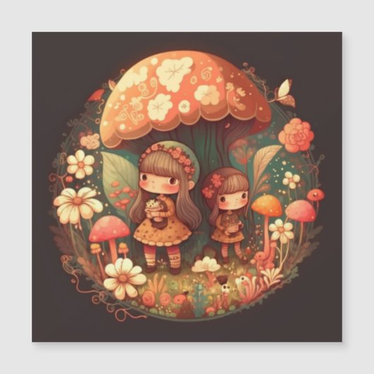 Twee schattige kleine meisjeselfen magnetische uitnodiging (Voorkant)