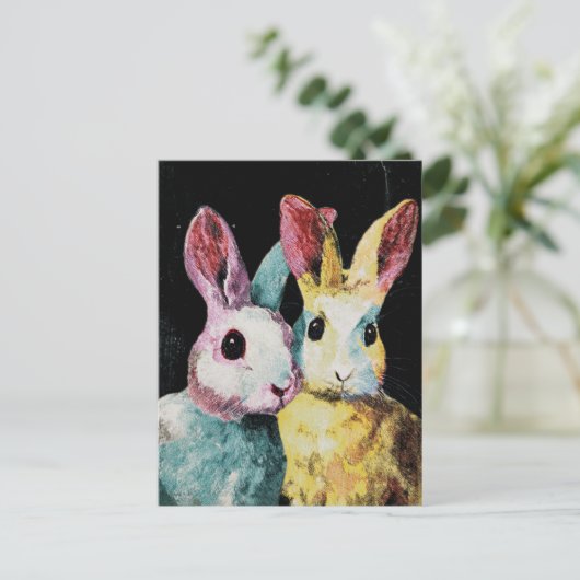 Twee Schattige kleurrijke konijnen Briefkaart (Staand voorkant)
