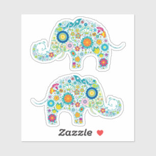 Twee schattige kleurrijke retro bloemenolifant sticker