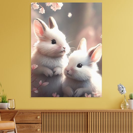 Twee schattige konijnen en sakura Stretched Canvas (Insitu (Woonkamer))