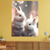 Twee schattige konijnen en sakura Stretched Canvas Afdruk (Insitu (Woonkamer))