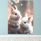 Twee schattige konijnen en sakura Stretched Canvas Afdruk (Insitu (Houten vloer))