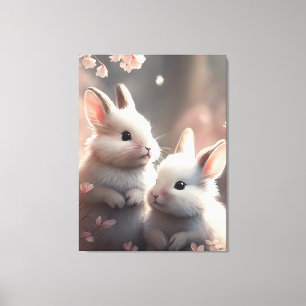 Twee schattige konijnen en sakura Stretched Canvas Afdruk