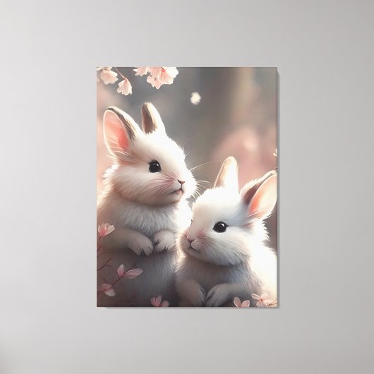 Twee schattige konijnen en sakura Stretched Canvas Afdruk (Voorkant)