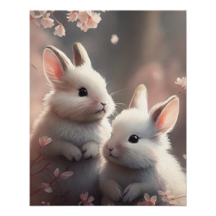 Twee schattige konijnen met sakura Glossy Poster