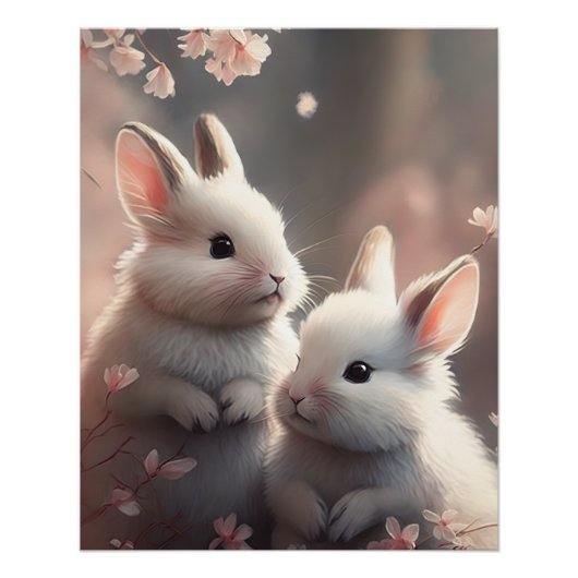 Twee schattige konijnen met sakura Glossy Poster (Voorkant)