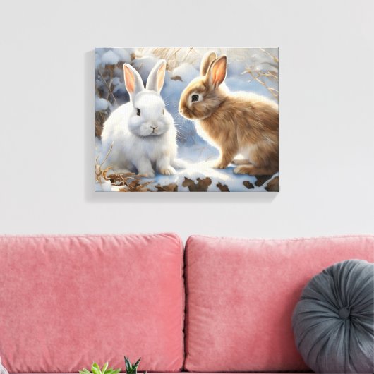 Twee Schattige Konijnenkonijnen Bruin en Wit in Sn Canvas Afdruk (Insitu (Woonkamer))