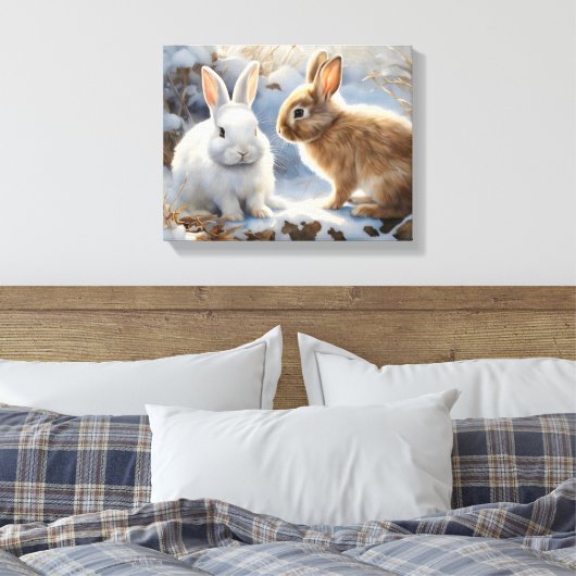 Twee Schattige Konijnenkonijnen Bruin en Wit in Sn Canvas Afdruk (Insitu (Slaapkamer))