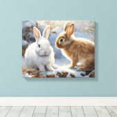 Twee Schattige Konijnenkonijnen Bruin en Wit in Sn Canvas Afdruk (Insitu (Houten vloer))