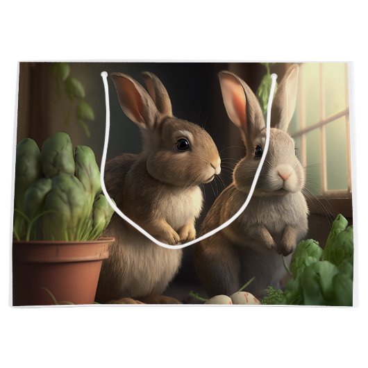 Twee schattige konijntjes in schuur groot cadeauzakje (Voorkant)