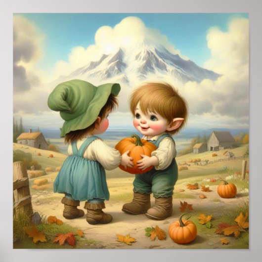 Twee Schattige  Munchkins in een pompoenpatch Poster (Voorkant)