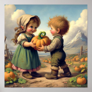 Twee Schattige Munchkins in een pompoenpatch Poster