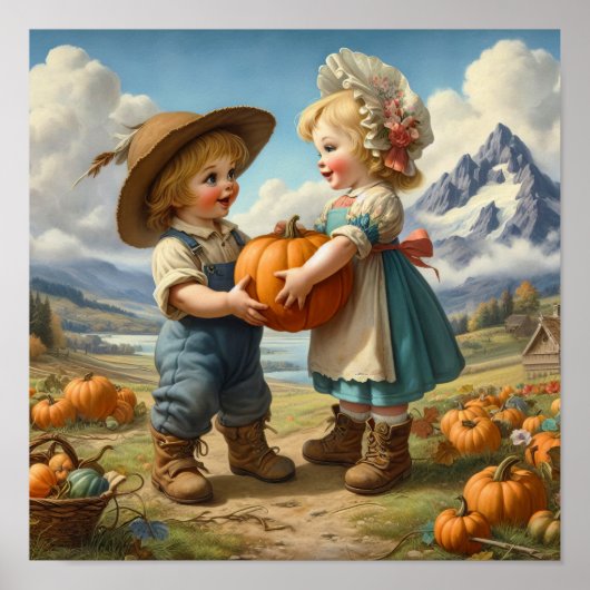 Twee Schattige  Munchkins in een pompoenpatch Poster (Voorkant)