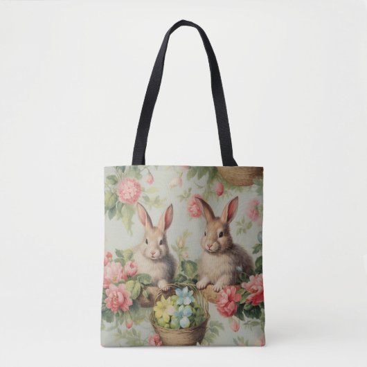 Twee Schattige paashaas zittend tussen de bloemen Tote Bag (Voorkant)