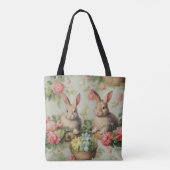 Twee Schattige paashaas zittend tussen de bloemen Tote Bag (Achterkant)