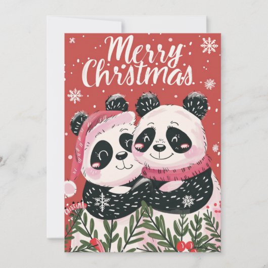 Twee schattige Panda Vrolijk Kerstfeest Feestdagenkaart (Voorkant)