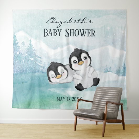 Twee Schattige Pinguïn Baby Shower Achtergrond Wandkleed (In Situ (horizontaal))