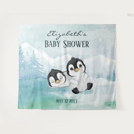 Twee Schattige Pinguïn Baby Shower Achtergrond Wandkleed (Voorkant (horizontaal))