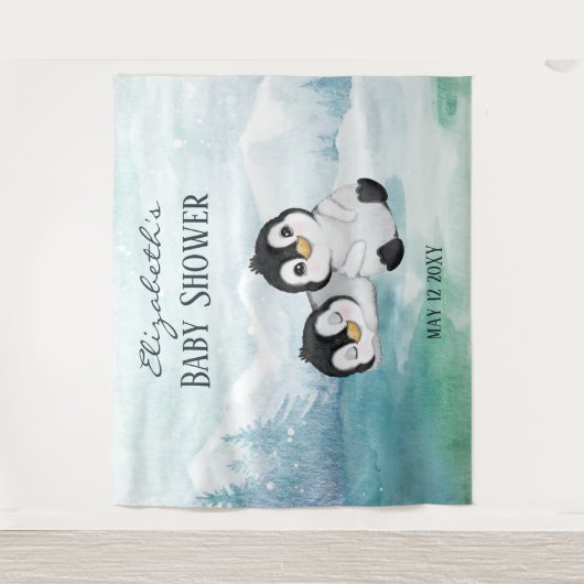 Twee Schattige Pinguïns Baby Shower Achtergrond Wandkleed (Voorkant)