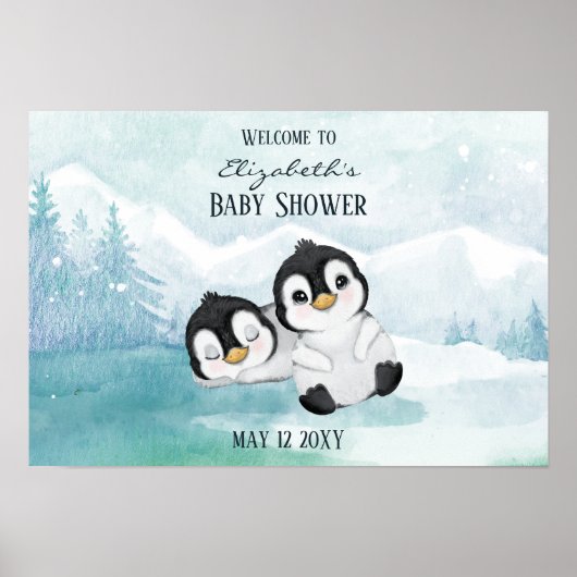Twee Schattige Pinguïns Illustratie Baby shower Poster (Voorkant)