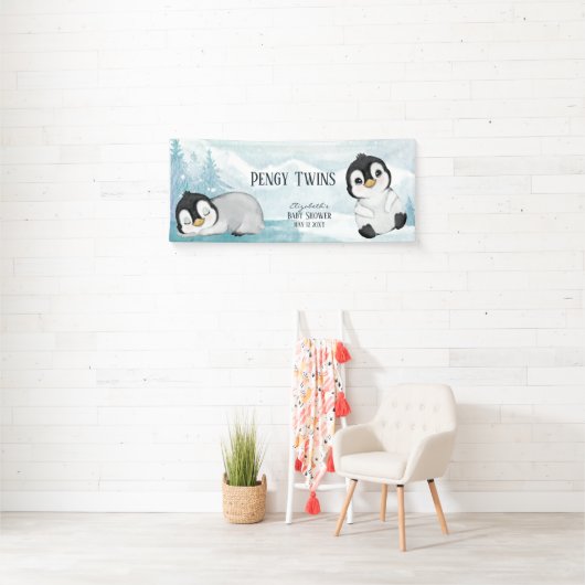 Twee Schattige Pinguïns Illustratie Baby shower Spandoek (Insitu)