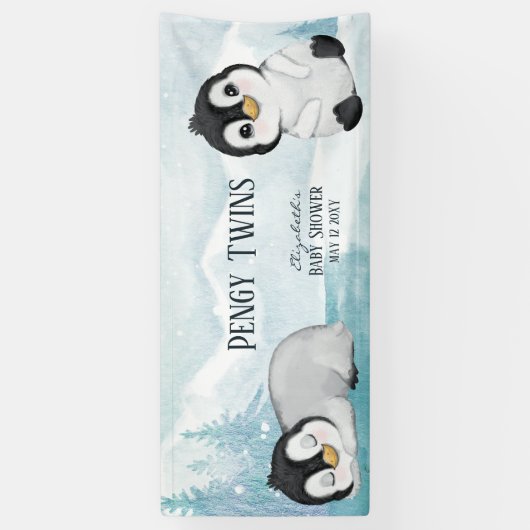 Twee Schattige Pinguïns Illustratie Baby shower Spandoek (Verticaal)
