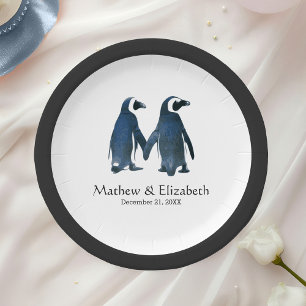 Twee Schattige Pinguïns Romantisch Huwelijk Papieren Bordje