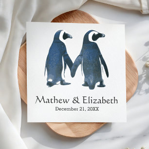 Twee Schattige Pinguïns Romantisch Huwelijk Servetten