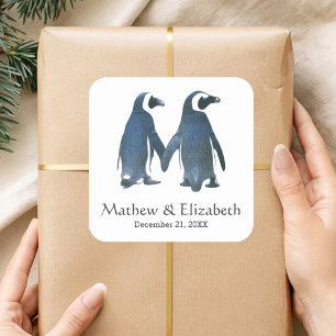 Twee Schattige Pinguïns Romantisch Huwelijk Vierkante Sticker