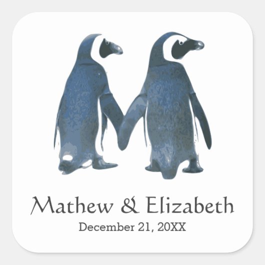Twee schattige pinguïns | Romantische bruiloft Vierkante Sticker (Voorkant)