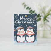 Twee schattige pinguïns Vrolijk Kerstfeest Briefkaart (Staand voorkant)