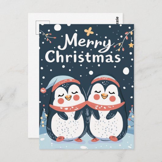 Twee schattige pinguïns Vrolijk Kerstfeest Briefkaart (Voorkant / Achterkant)