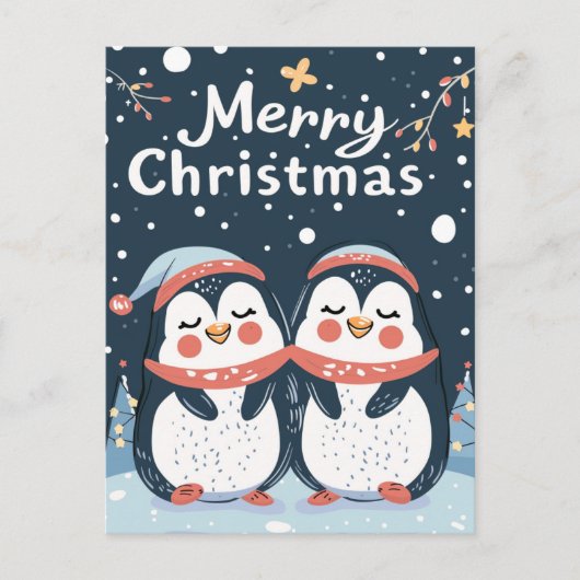Twee schattige pinguïns Vrolijk Kerstfeest Briefkaart (Voorkant)