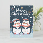 Twee schattige pinguïns Vrolijk Kerstfeest Feestdagenkaart (Staand voorkant)