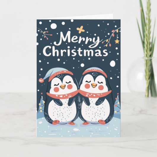 Twee schattige pinguïns Vrolijk Kerstfeest Geperso Feestdagen Kaart (Voorkant)