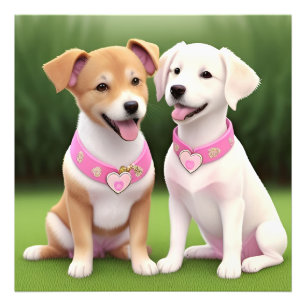 Twee Schattige Puppies die op Gras Zitten Foto Afdruk