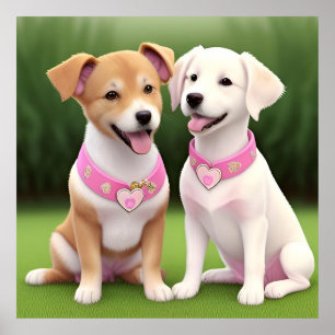 Twee Schattige Puppies die op Gras Zitten Poster