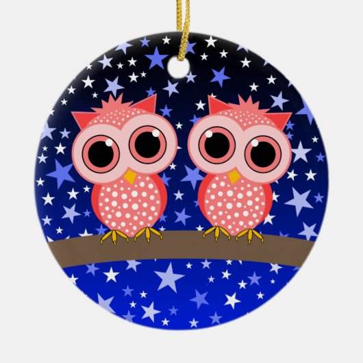 twee schattige roze uil keramisch ornament (Voorkant)