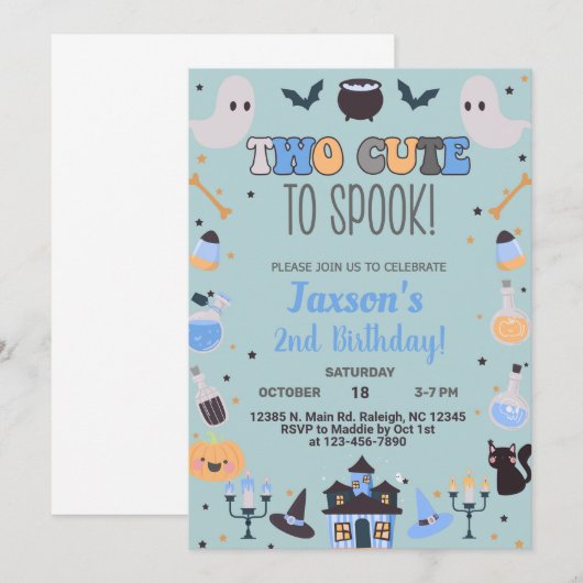 Twee schattige spook Halloween jongen blauw uitnod Kaart (Voorkant / Achterkant)
